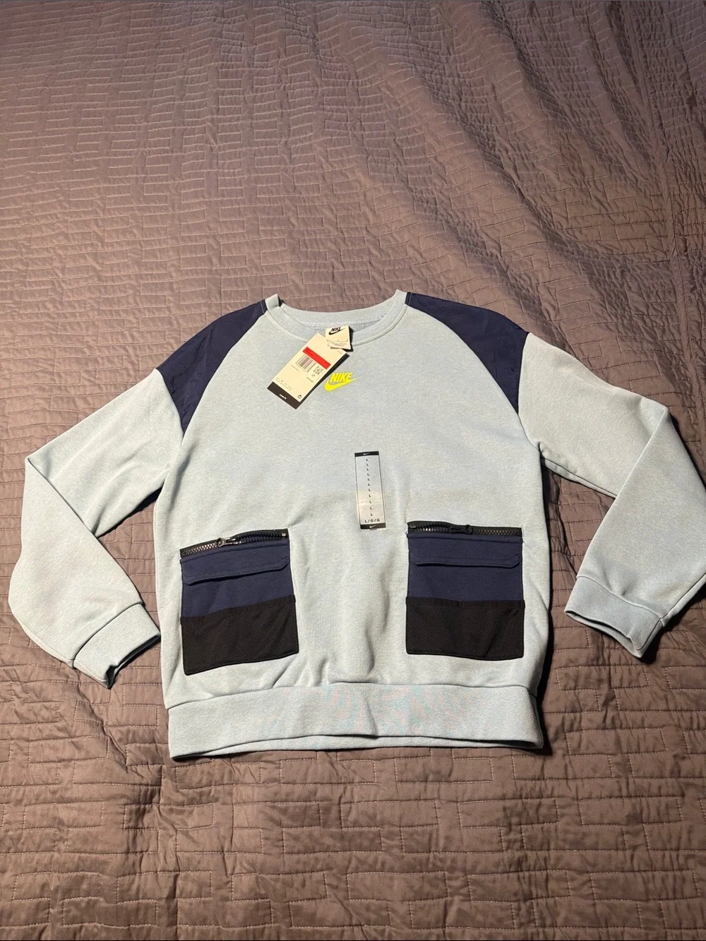 Nike Light Blue Crewneck Sweatshirt with Navy and Black Pocket Panels